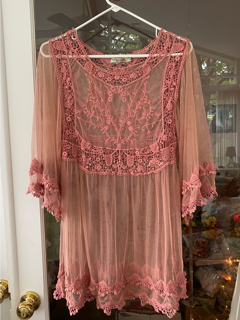 Vivid Importers of NY Rose Sheer Lace Crochet Embroidered Bell Sleeve Blouse S